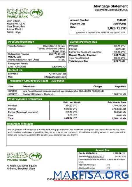 Realistic Libya Wahda Bank mortgage statement Word and PDF template